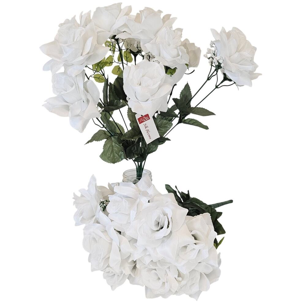 24 White Artificial Silk Roses 2 Bushes 4" Flower Wedding Floral Decor 18" High